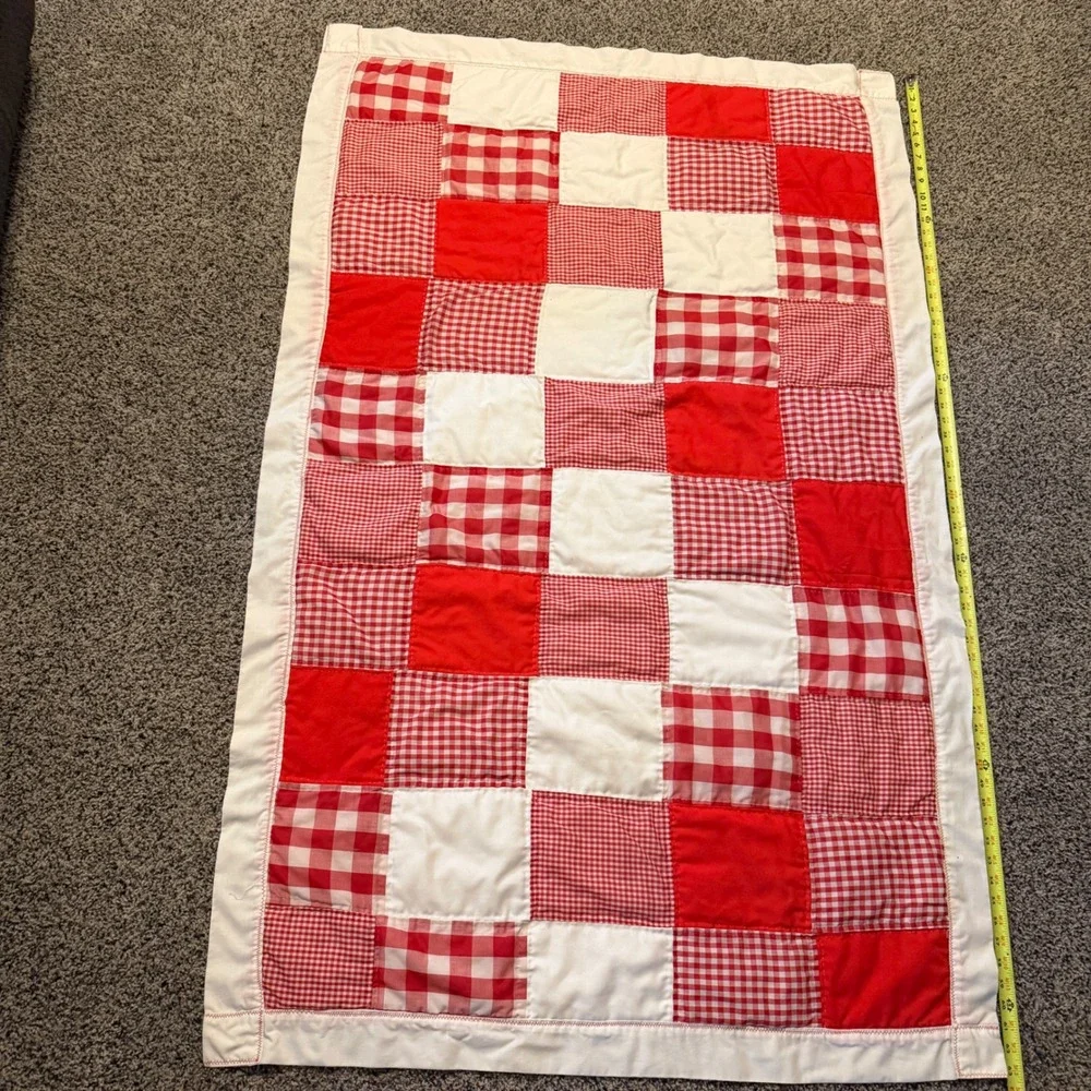Handmade Patchwork Quilt Red White Gingham Checkered Throw Blanket 39x64